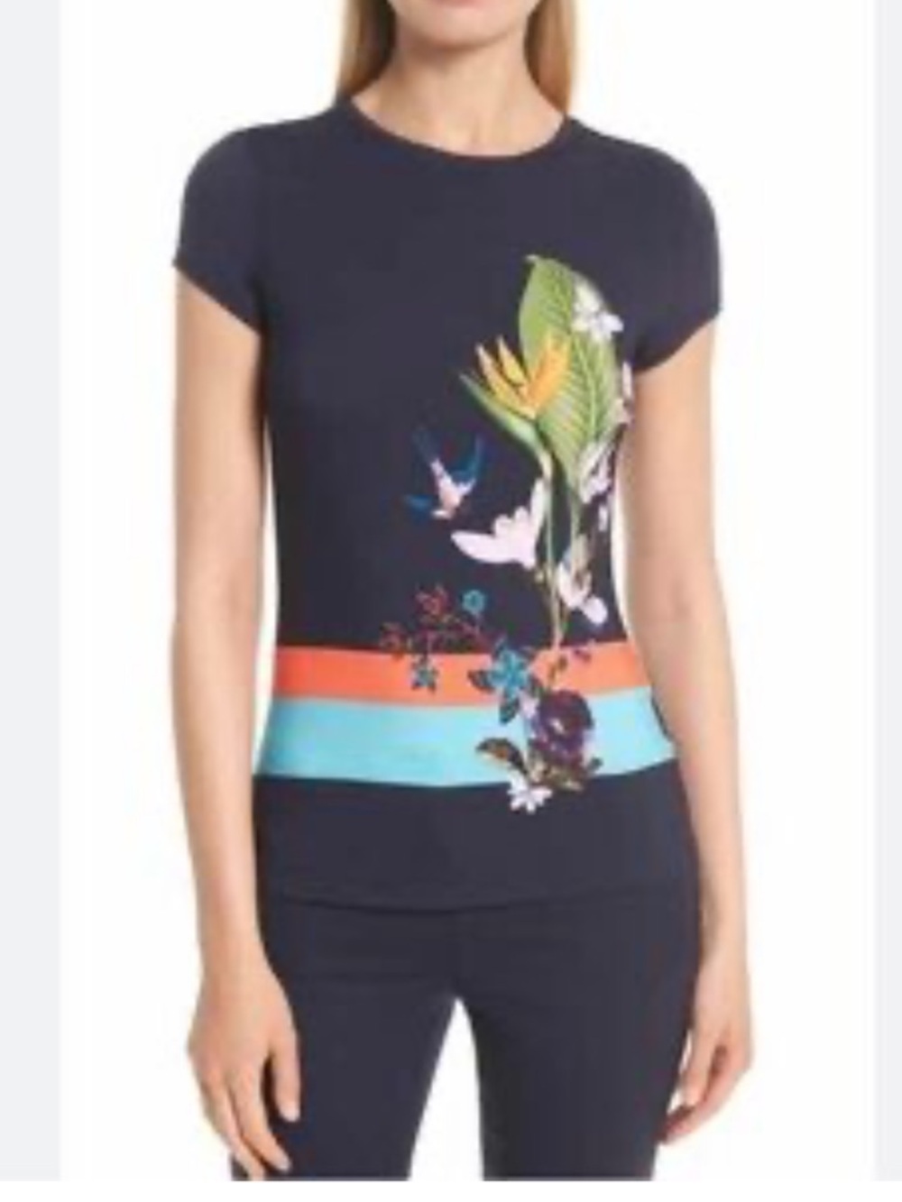 Ted Baker Navy Short-Sleeve Floral Tropical Top. Size 6